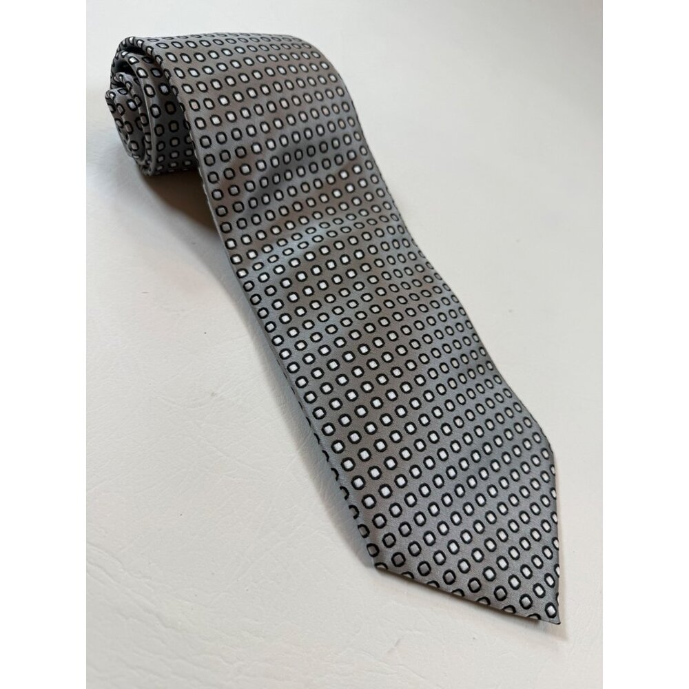 Ferrecci Silver Black Tie Geometric Squares Pattern Silk 100% Italy 58 In.